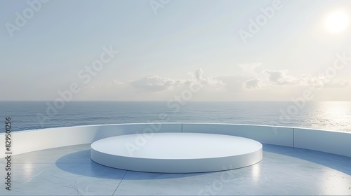 White marble podium with sea view on background.Minimalist Elegance  White Circular Stage Overlooking the Sea