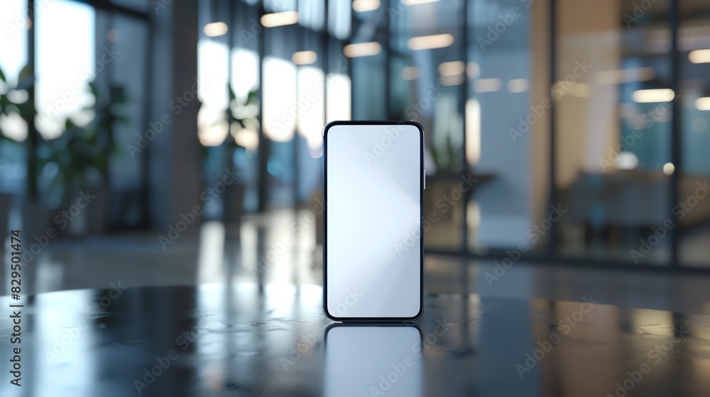 Modern smartphone with blank screen on glossy table in office setting with blurred background, emphasizing technology and design.