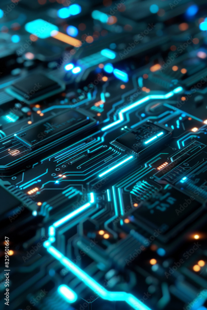 A detailed view of a circuit board with clean lines and glowing blue accents. A detailed view of a circuit board with clean lines and glowing blue accents.