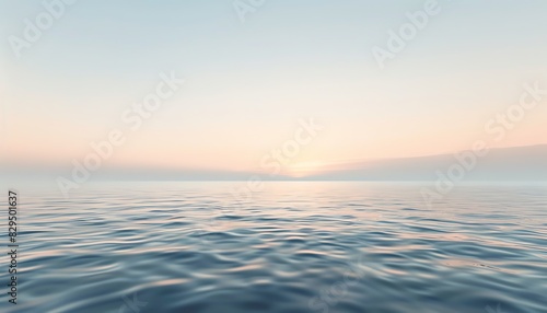 Serene ocean view with calm waters and a soft, pastel sky at sunrise or sunset, evoking peace and tranquility in nature's beauty. photo