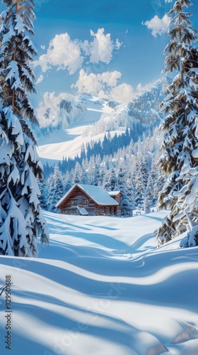 A serene snow-covered landscape, with a lone cabin nestled among towering pine trees under a clear, blue sky. © Ibraheem