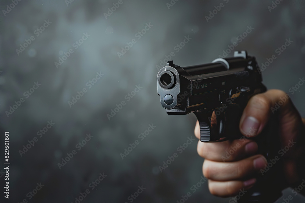 Generative ai on theme of a man aims through the sight of combat metal pistol to hit the target Generative ai on theme of a man aims through the sight of combat metal pistol to hit the target