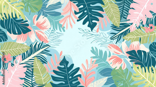 Colorful tropical leaves frame with blue background AI generated