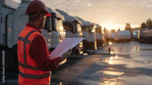 Worker in safety vest and helmet inspecting documents near parked trucks at sunrise, logistics and transportation industry.