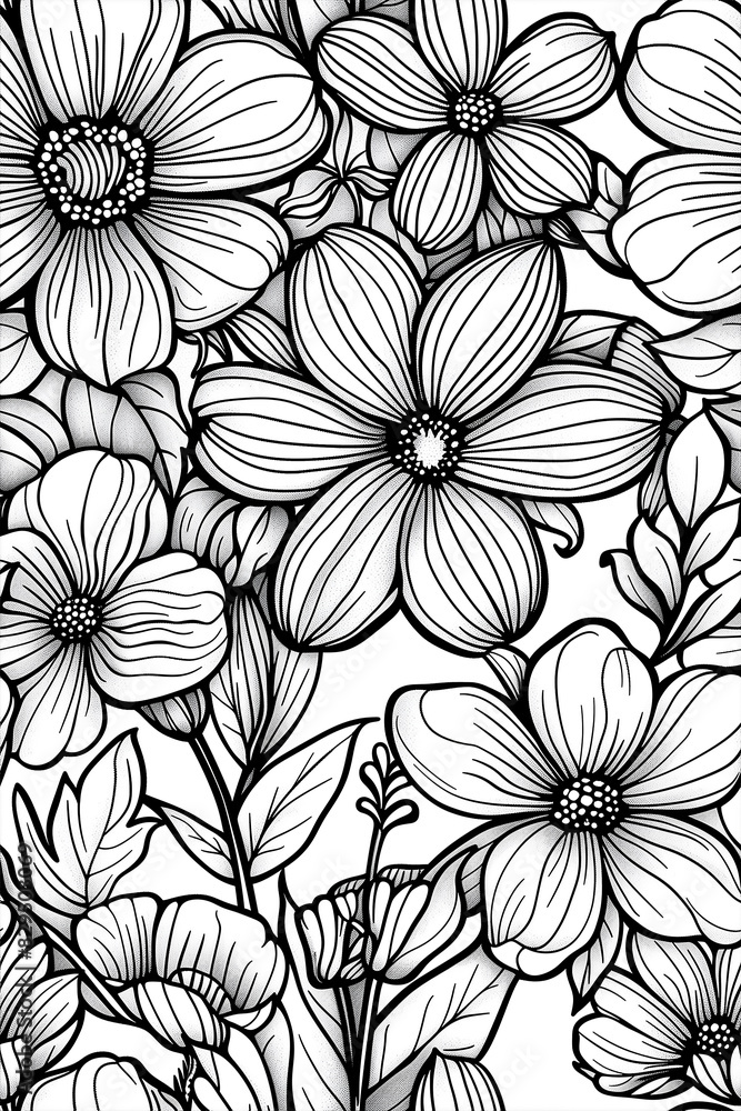 A black and white drawing of flowers with a lot of detail A black and white drawing of flowers with a lot of detail