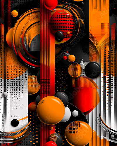 A colorful abstract painting with orange and black circles