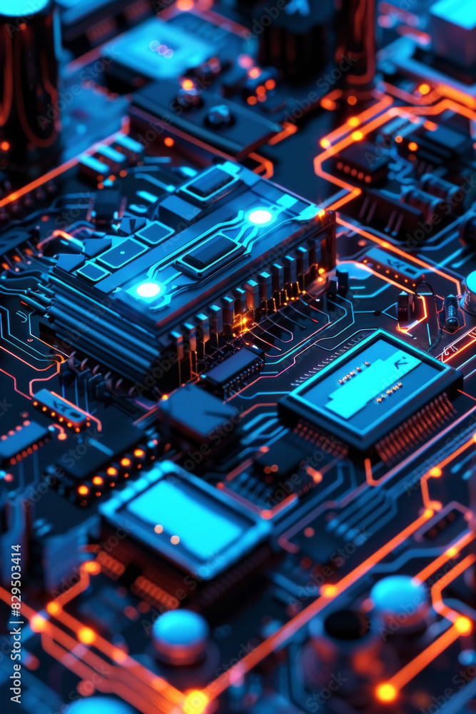 A detailed view of a circuit board with clean lines and glowing blue accents. A detailed view of a circuit board with clean lines and glowing blue accents.