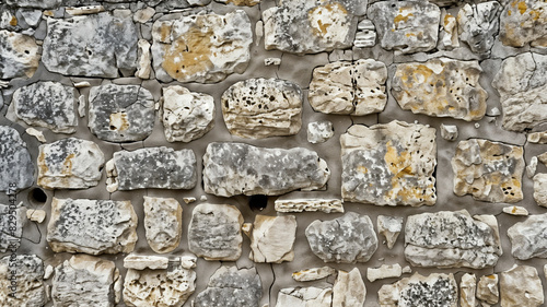 Ancient stone wall of an 18th century castle or fortress with weathered and cracked bricks in close-up view