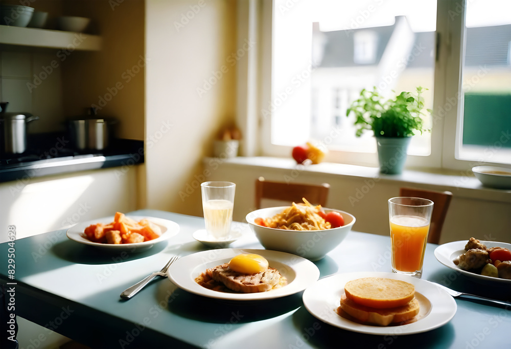 breakfast on a kitchen counter with breakfast food and cups of orange juice. breakfast on a kitchen counter with breakfast food and cups of orange juice.