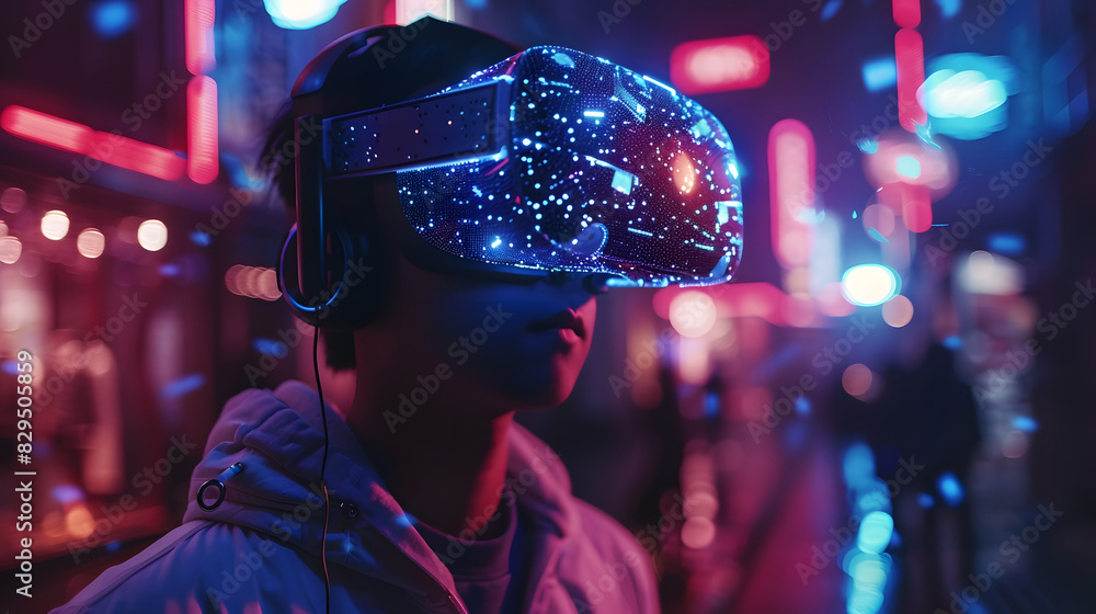 A young man wearing VR headset, playing with his goggles in a futuristic cyber world - Virtual reality, innovation and new technology abstract concept