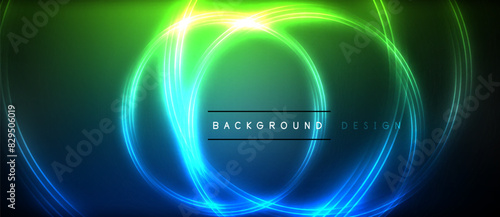 Neon glowing circle rays, light round lines in the dark, planet style neon wave lines. Energetic electric concept design for wallpaper, banner, background
