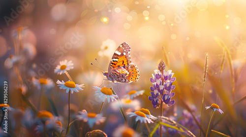 Serene butterfly on wildflowers at sunset
