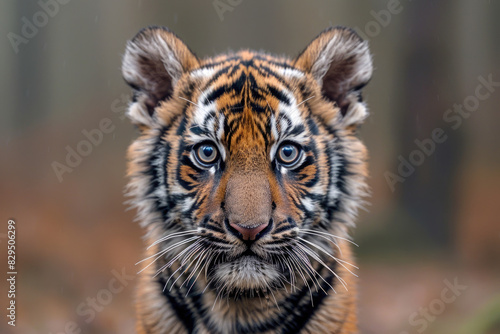 A close-up of a baby tiger looking curiously at the camera