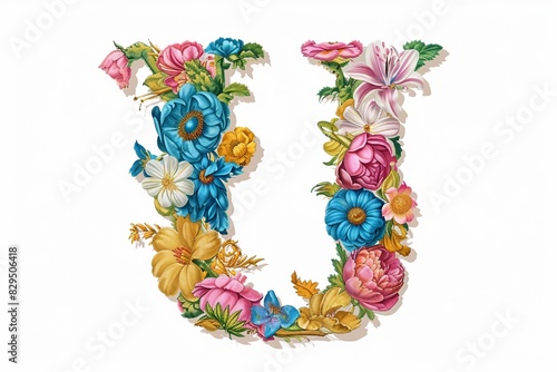  U  Letter Colorful Floral Font. Engraving Design on White Background