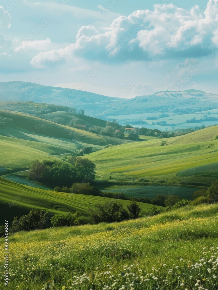 Scenic landscape with blue skies and white clouds, distant rolling hills, and foreground of grassland and trees Scenic landscape with blue skies and white clouds, distant rolling hills, and foreground of grassland and trees