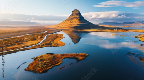 Stunning aerial perspective of Kirkjufell volcano mirrored in a lake during fall in the early hours at Snaefellsnes coast, Iceland. photo