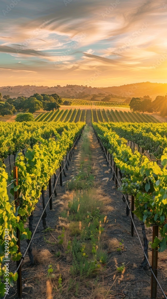 A picturesque vineyard at sunset, with rows of grapevines stretching into the distance.