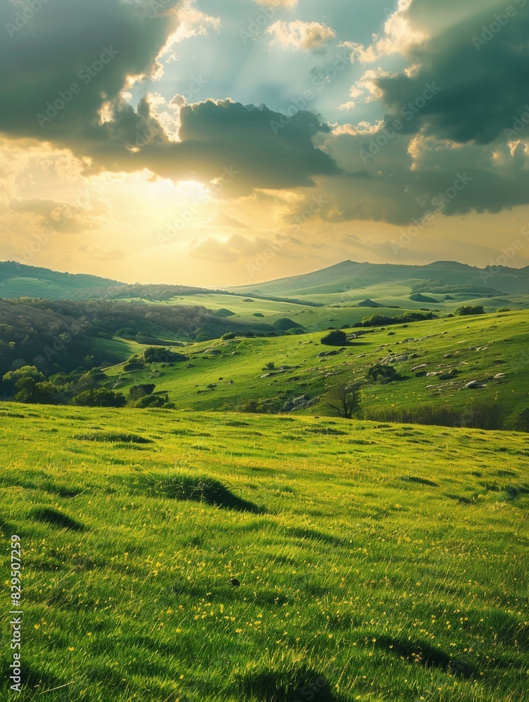 Obraz premium Scenic landscape with blue skies and white clouds, distant rolling hills, and foreground of grassland and trees