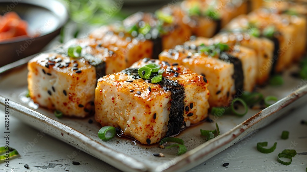A macro shot of four fried bean curd rolls (sushi) on a plate resting on a white surface. A macro shot of four fried bean curd rolls (sushi) on a plate resting on a white surface.