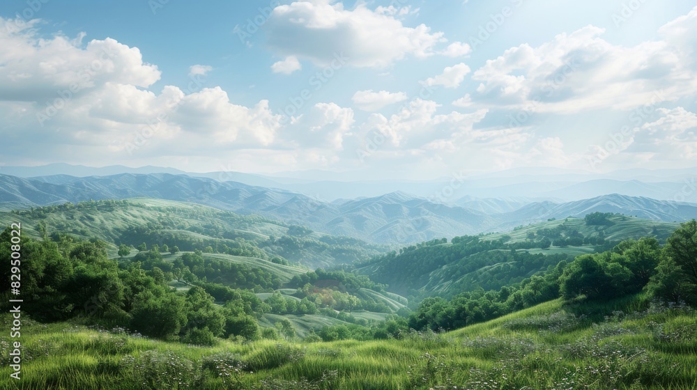 Fototapeta premium Scenic landscape with blue skies and white clouds, distant rolling hills, and foreground of grassland and trees