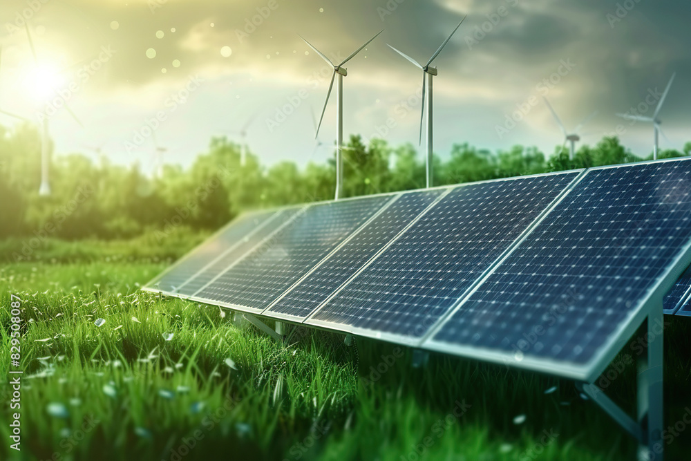 © Olegarx525 - Generative ai on theme of solar cell panels and wind power farm, way alternative renewable power