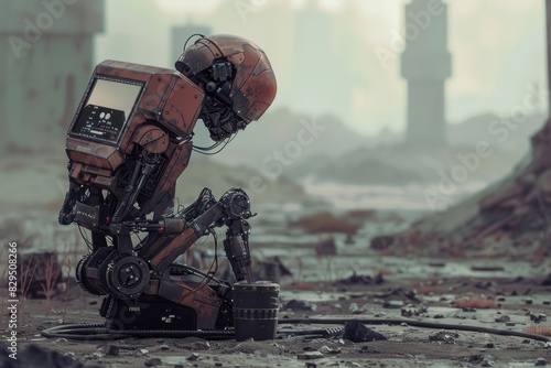 In a desolate post-apocalyptic world A lone mechanical robot works diligently to repair itself amidst the wreckage.