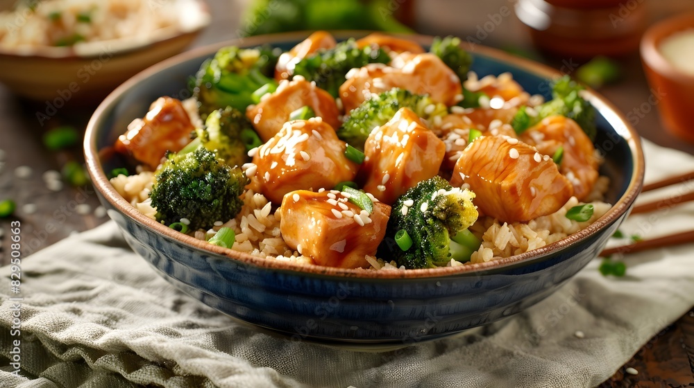 Delicious Teriyaki Chicken with Broccoli and Brown Rice in Vibrant Health Focused Packaging Delicious Teriyaki Chicken with Broccoli and Brown Rice in Vibrant Health Focused Packaging
