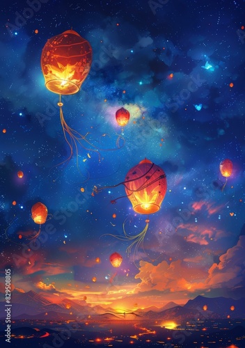 Magical Sky Lanterns on a Starry Night