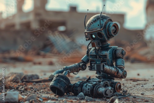 In a desolate post-apocalyptic world A lone mechanical robot works diligently to repair itself amidst the wreckage.