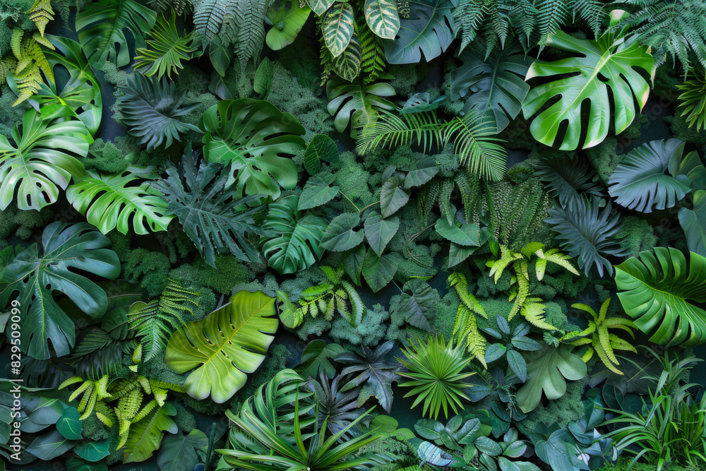 Wall Covered With Various Exotic Leaves And Flowers Plants For Background Created Using Artificial Intelligence Wall Covered With Various Exotic Leaves And Flowers Plants For Background Created Using Artificial Intelligence