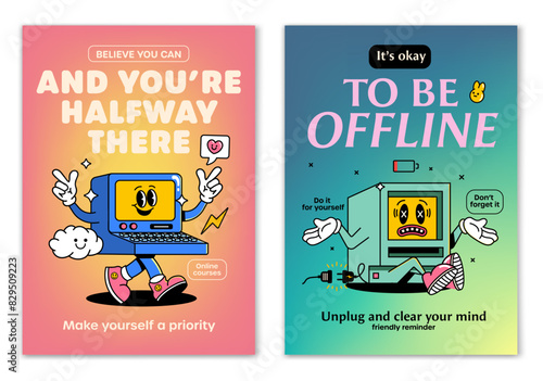Retro cartoon walking smiled vintage PC and sad Computer mascot character surrounded by smiled elements and motivation lettering. Illustration for t-shirt print or poster design. Vector illustration