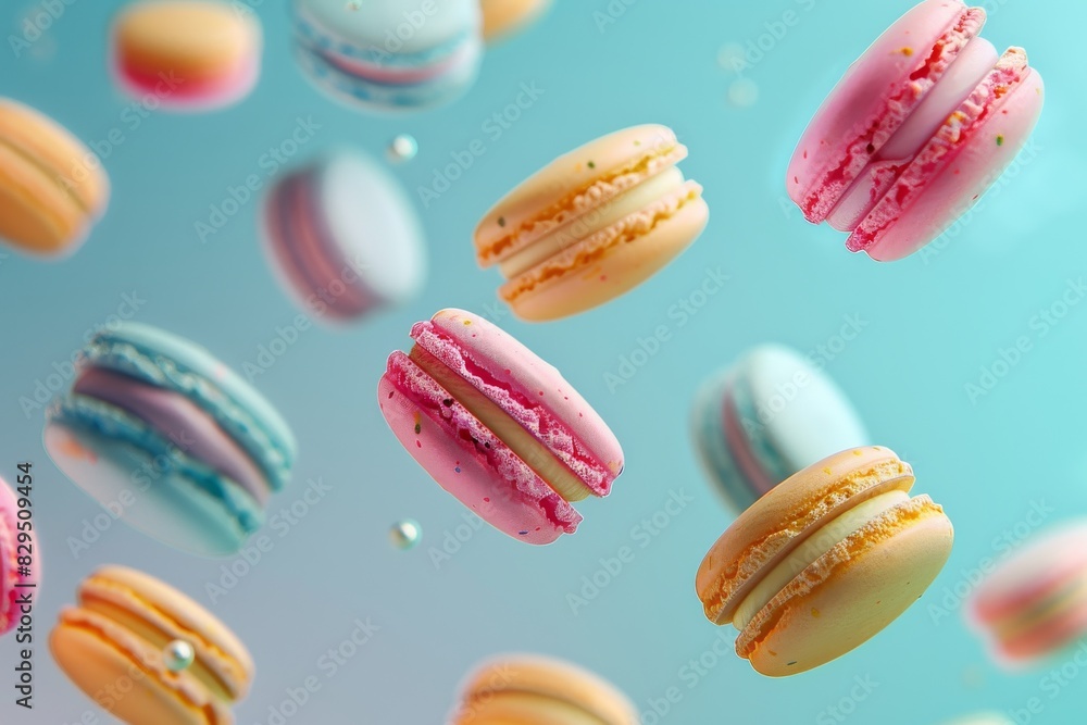 A series of colorful macarons are flying through the air A series of colorful macarons are flying through the air