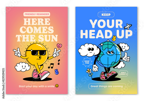 Retro cartoon walking smiled Sun and Ice Earth mascot character surrounded by smiled elements and motivation lettering. Illustration for t-shirt print or poster design. Vector illustration