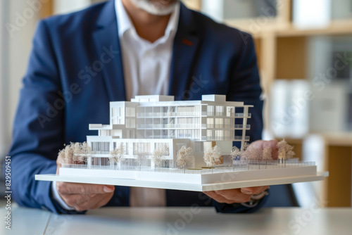 A man is holding a model of a building photo