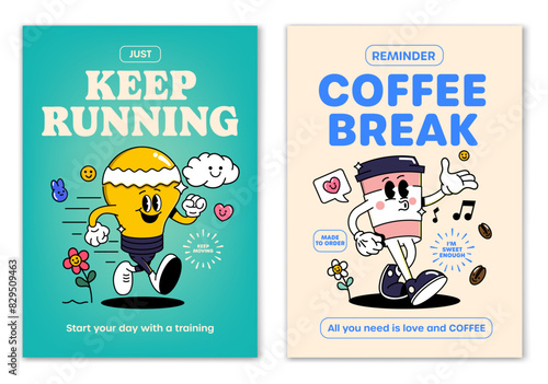 Retro cartoon walking smiled Lightbulb and Coffee cup mascot character surrounded by smiled elements and motivation lettering. Illustration for t-shirt print or poster design. Vector illustration