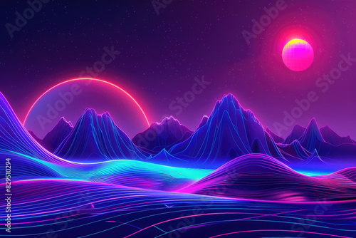 A neon-lit abstract landscape in purple and blue creates a futuristic scenery