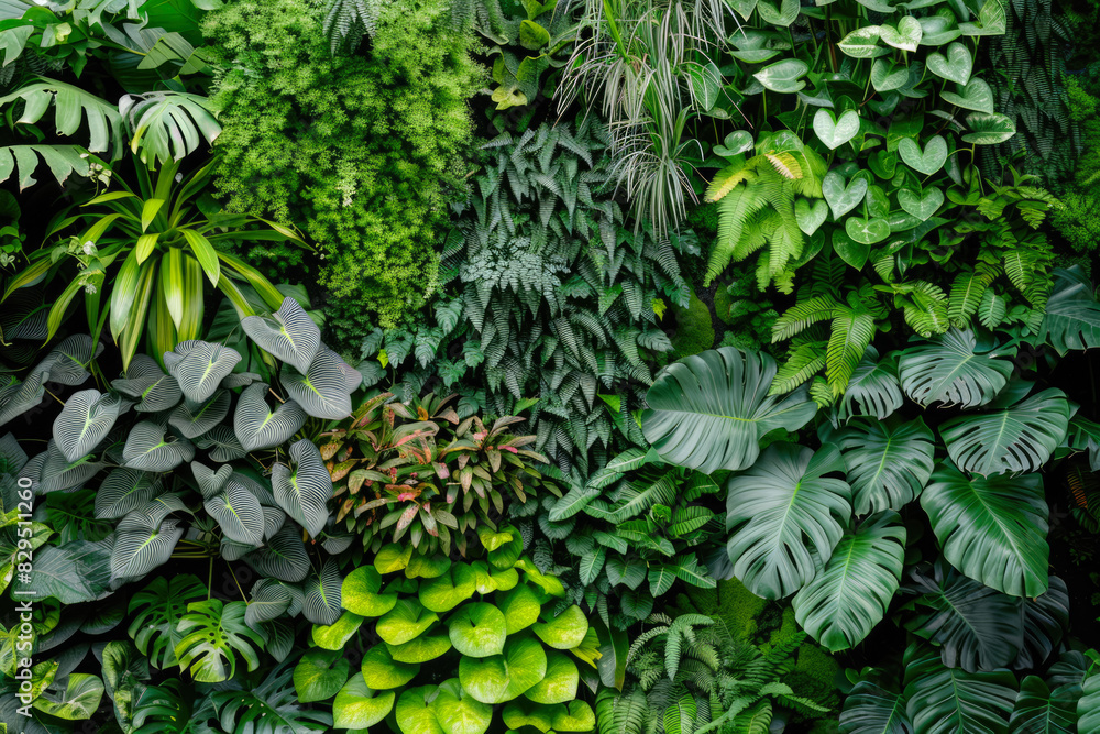 Wall Covered With Various Exotic Leaves And Flowers Plants For Background Created Using Artificial Intelligence Wall Covered With Various Exotic Leaves And Flowers Plants For Background Created Using Artificial Intelligence
