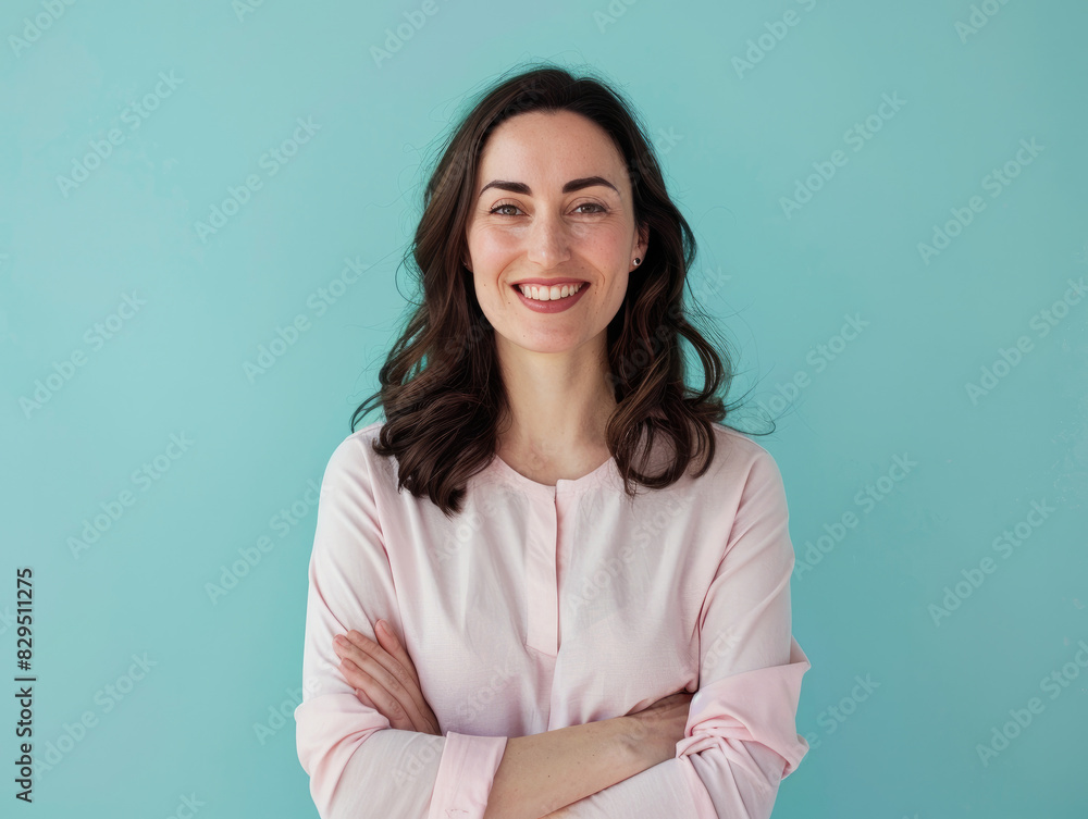 Closeup photo portrait of an european woman smiling. Isolated on blue background Closeup photo portrait of an european woman smiling. Isolated on blue background