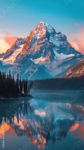 A majestic mountain peak bathed in the warm glow of the setting sun against a backdrop of a tranquil lake.