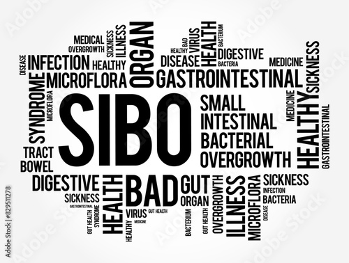 SIBO - Small Intestinal Bacterial Overgrowth is an imbalance of the microorganisms in your gut that maintain healthy digestion, word cloud concept background