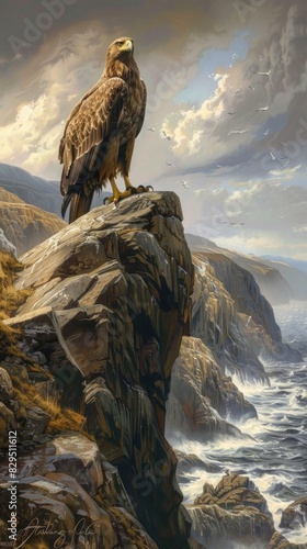 A majestic eagle perched atop a craggy cliff, surveying the vast expanse of a rugged coastline.