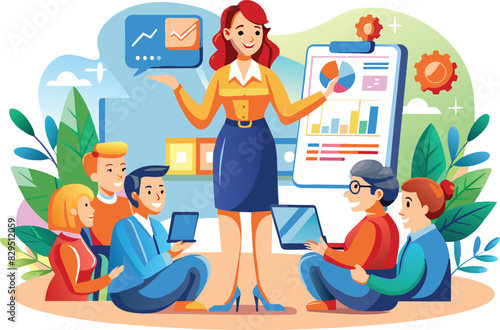 Female business leader showing a new app, flat illustration, vector illustration.