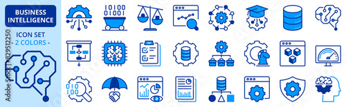 Icons in two colors about business intelligence.