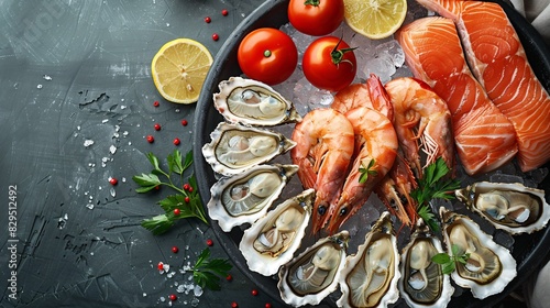 Indulge in a sumptuous selection of oceanic delicacies including prawns, pink fish, and briny mollusks, presented in a picturesque arrangement. photo