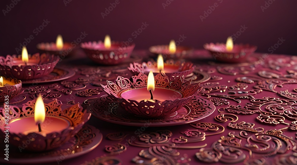 several lit candles in pink holders on a pink patterned surface. several lit candles in pink holders on a pink patterned surface.