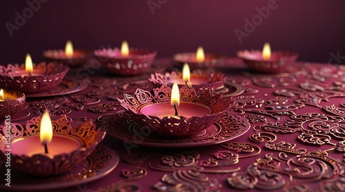 several lit candles in pink holders on a pink patterned surface.