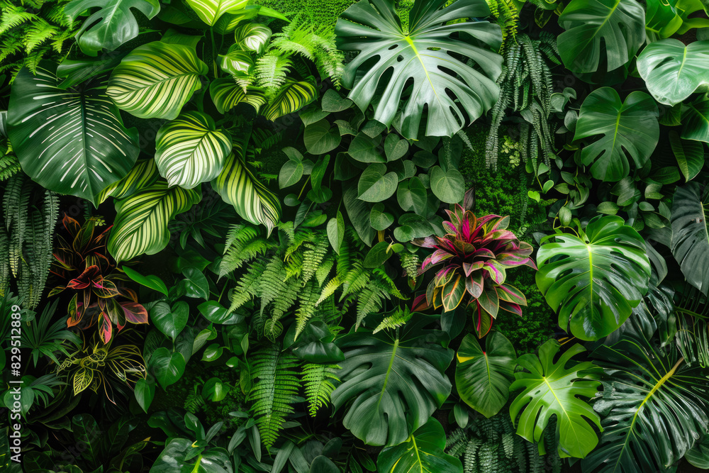 Wall Covered With Various Exotic Leaves And Flowers Plants For Background Created Using Artificial Intelligence Wall Covered With Various Exotic Leaves And Flowers Plants For Background Created Using Artificial Intelligence