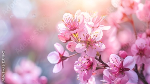 Blurry, rosy Sakura blooms against a natural backdrop. Flowery banner for farming or gardening enterprise.