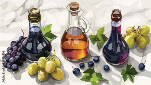 Different types of vinegar and grapes on light marble photo