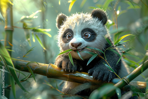 A baby panda sitting on a bamboo branch  chewing on leaves